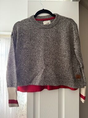 Roots Gray Marled Crewneck Sweater with Red Trim